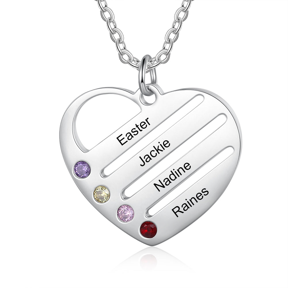 Family Heart Name Necklace with 2 to 4 Birthstones