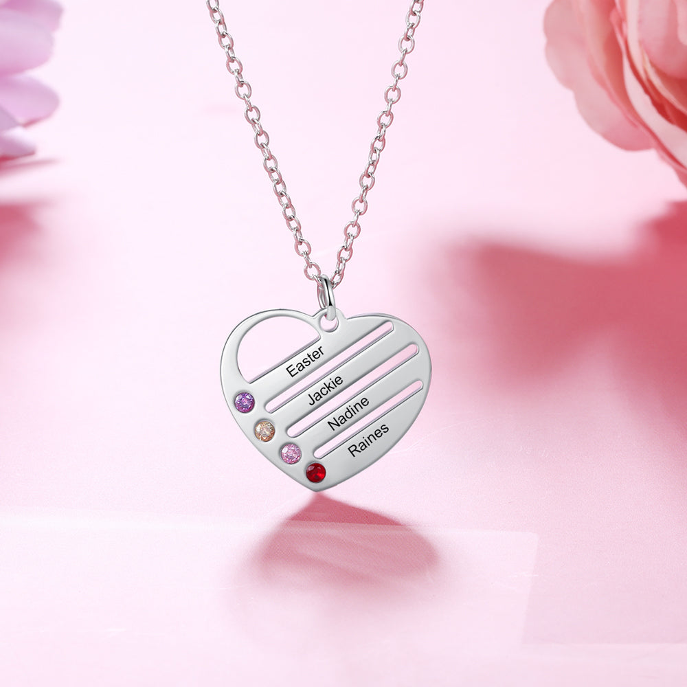 Family Heart Name Necklace with 2 to 4 Birthstones
