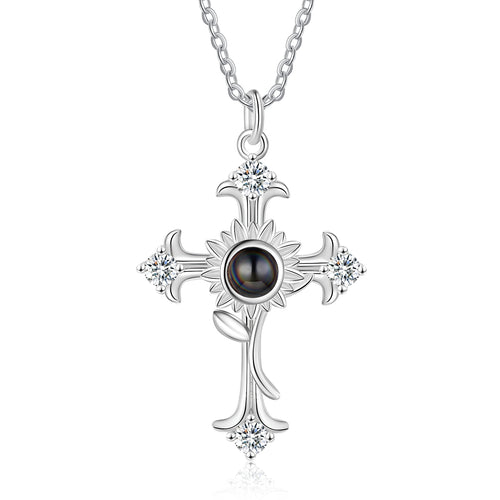 White Gold Plated Cross Photo Projection Necklace