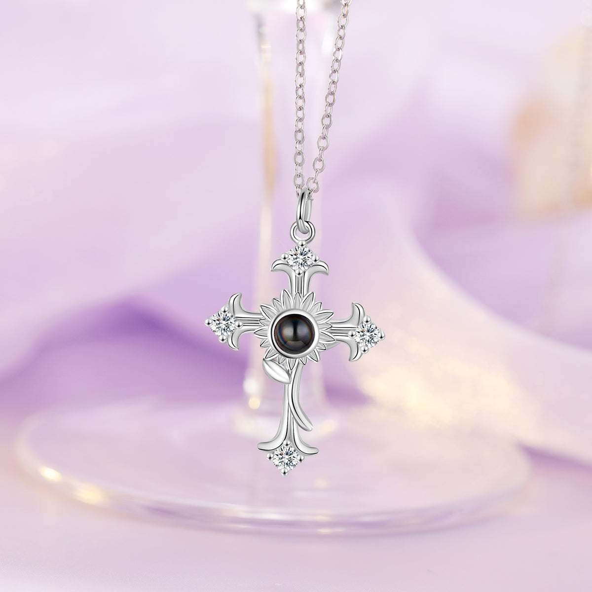 White Gold Plated Cross Photo Projection Necklace