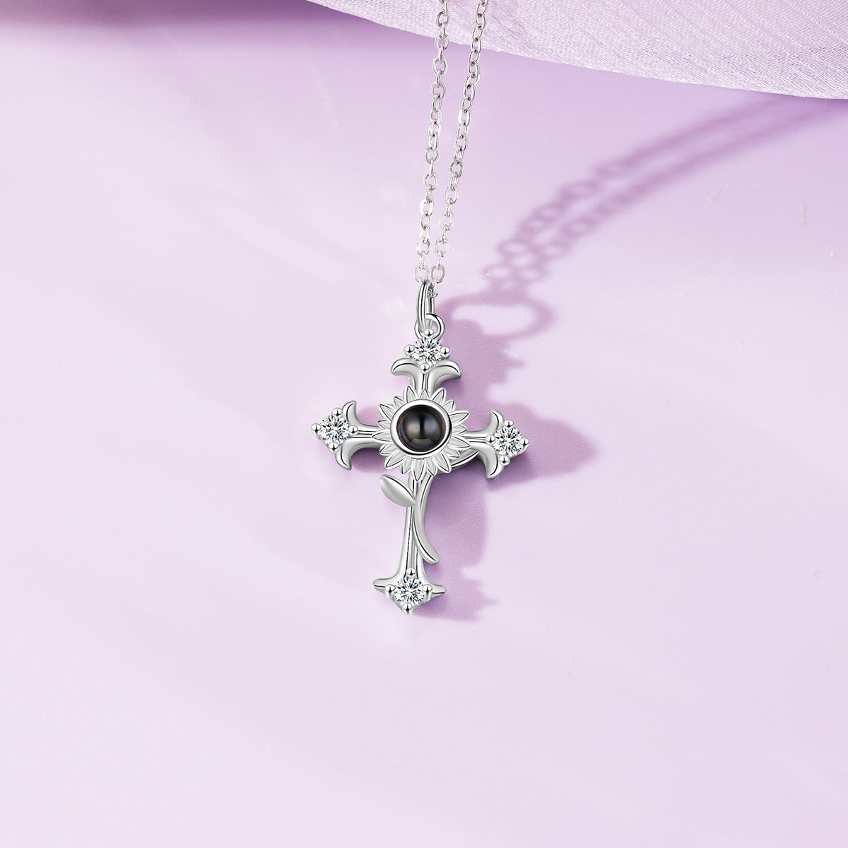White Gold Plated Cross Photo Projection Necklace
