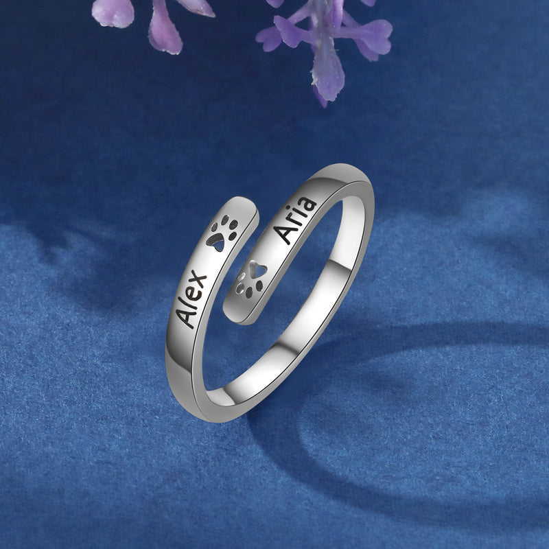Pet Paw Print Name Ring, Adjustable