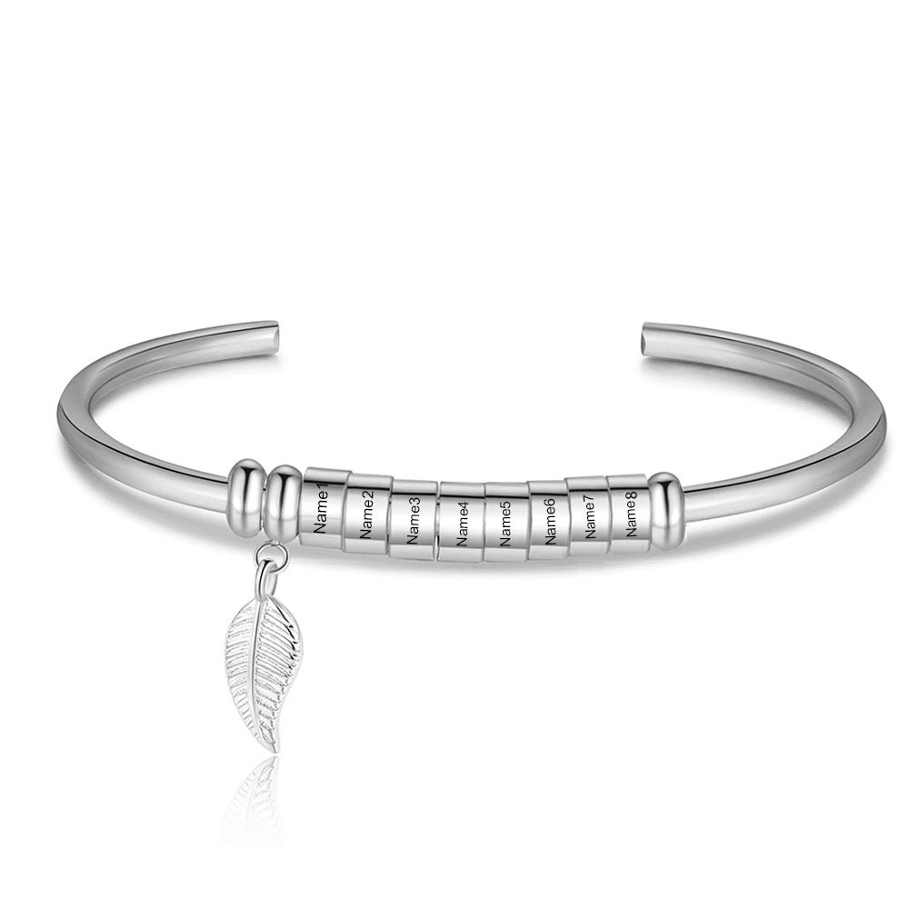 Leaf Charm Name Bead Cuff Bracelet