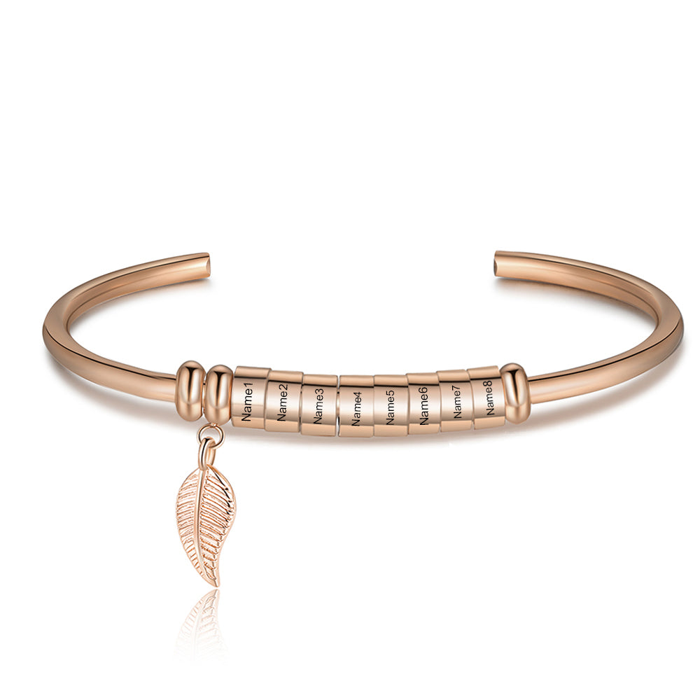 Leaf Charm Name Bead Cuff Bracelet