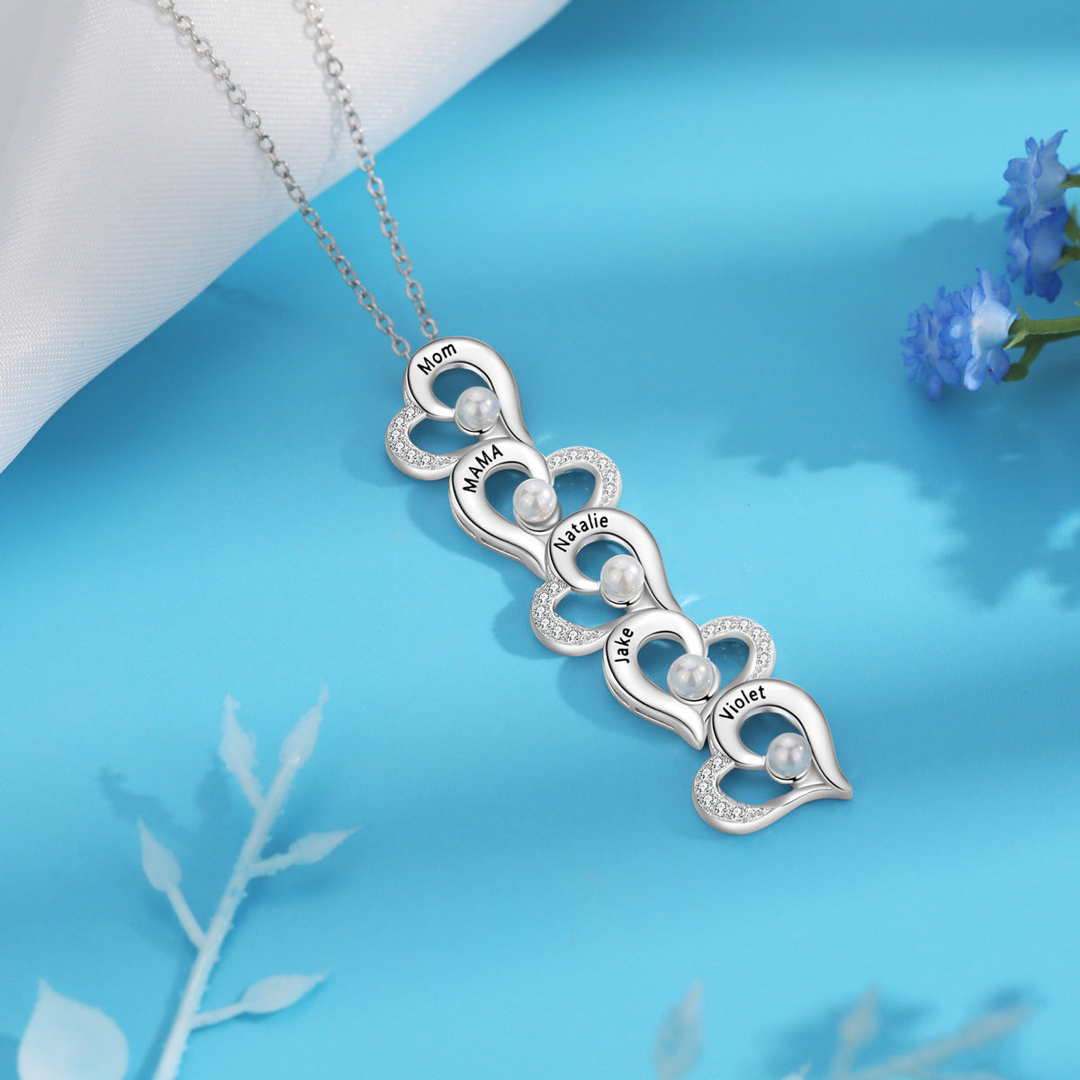 Stacked Hearts Pearl Name Necklace