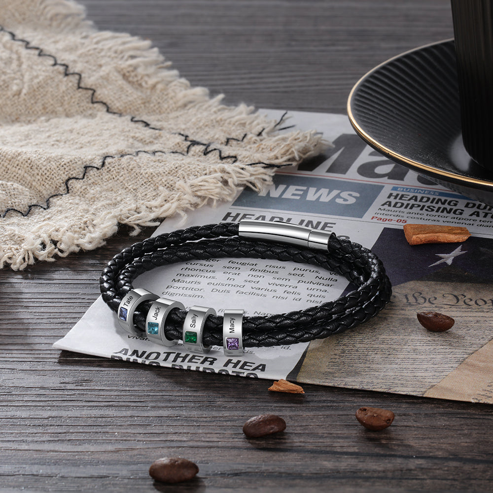 Men's Braided Leather Name Bead Bracelet with Birthstones