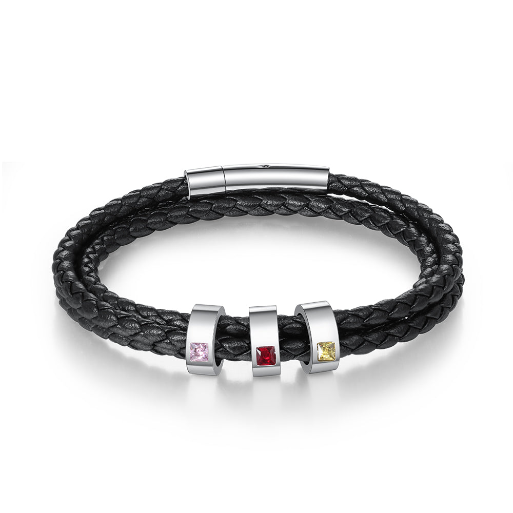 Men's Braided Leather Name Bead Bracelet with Birthstones
