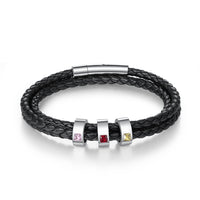 Men's Braided Leather Name Bead Bracelet with Birthstones