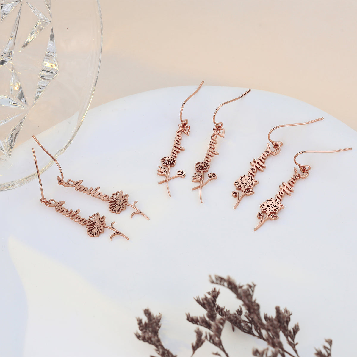 Sterling Silver Birth Flower Name Earrings