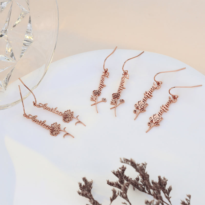 Sterling Silver Birth Flower Name Earrings