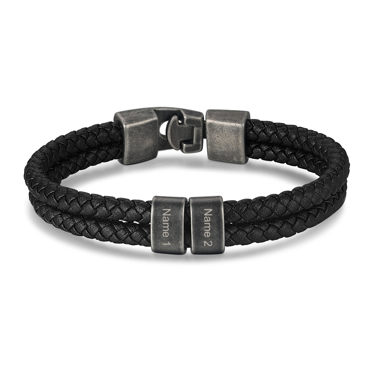 Men's Leather Name Bead Bracelet with Chain Length Choice