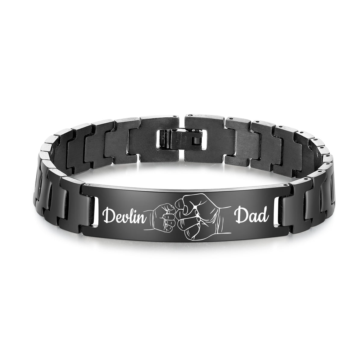 Men's Black Steel Engraved Bar Link Bracelet