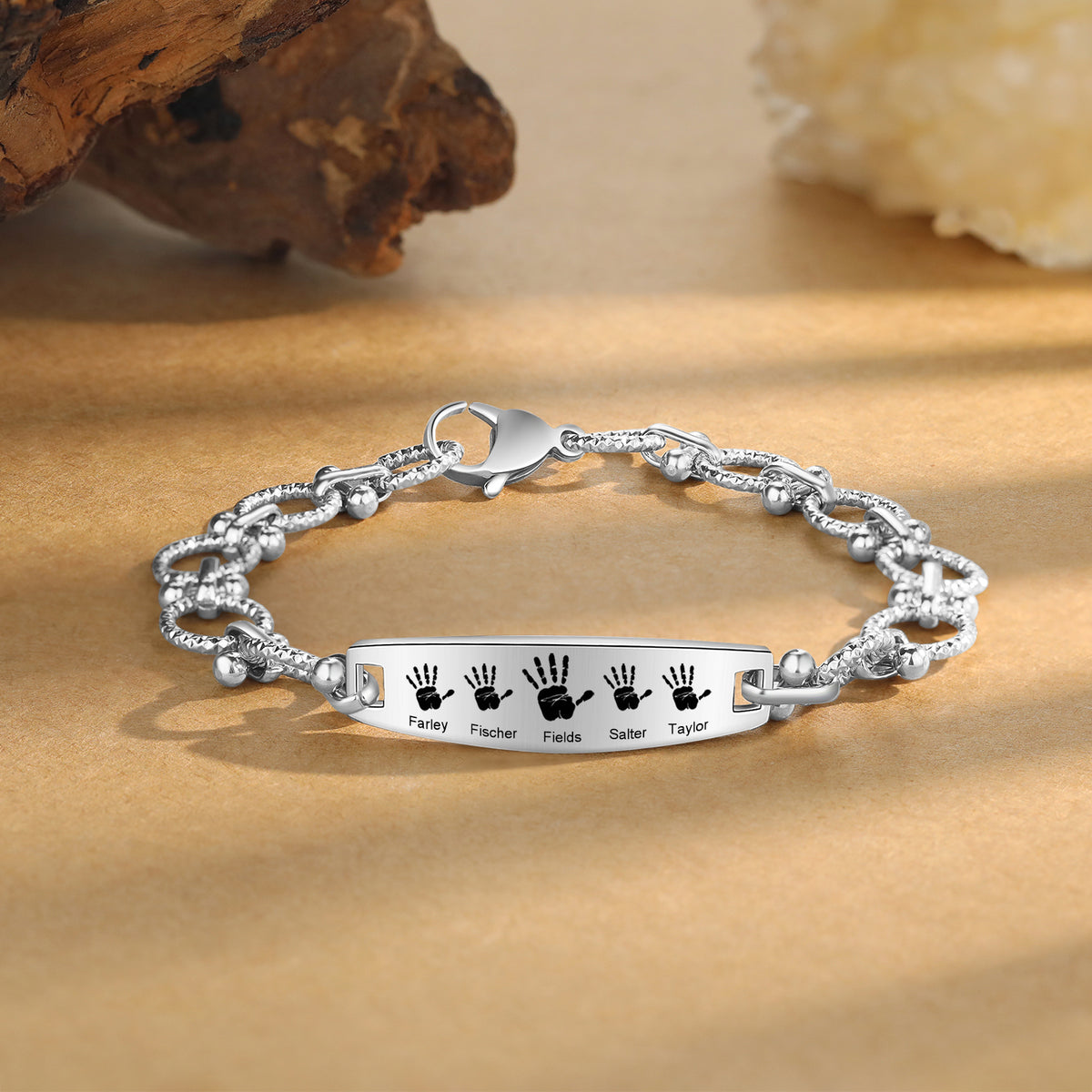 Men's Handprint Family Name Bead Link Bracelet