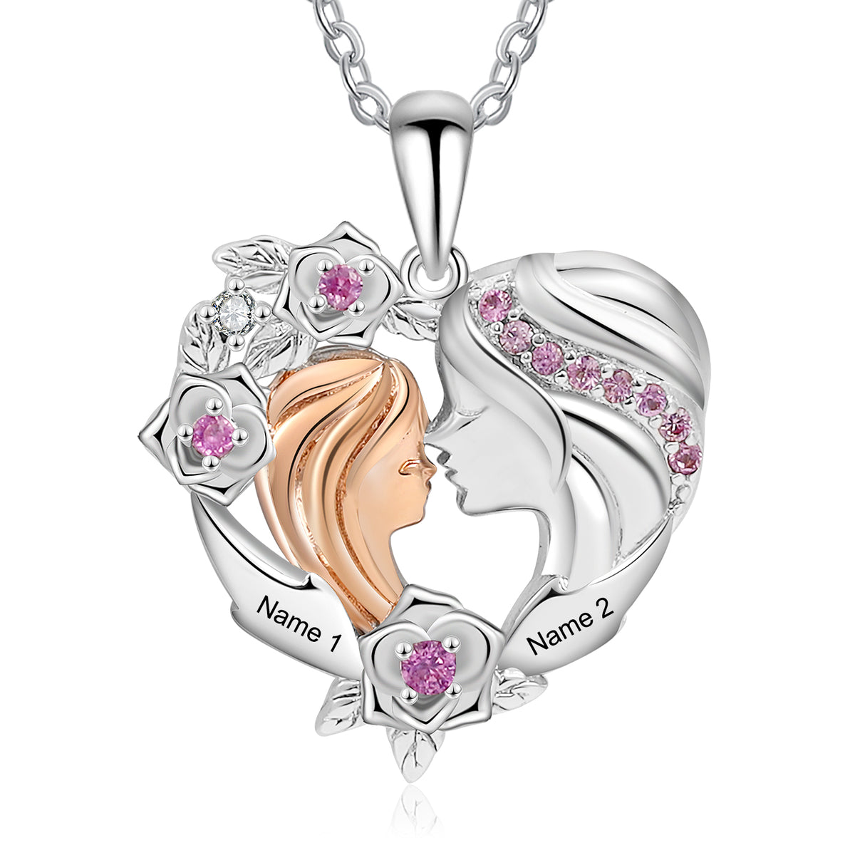 Mother and Daughter Floral Heart Name Necklace