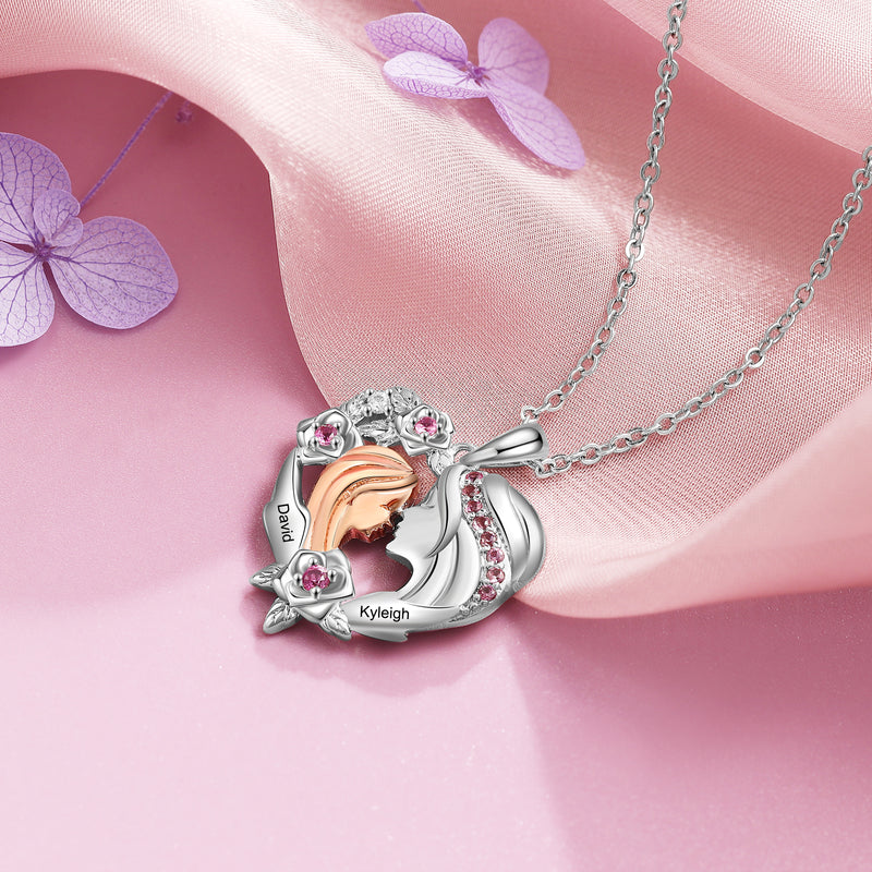 Mother and Daughter Floral Heart Name Necklace
