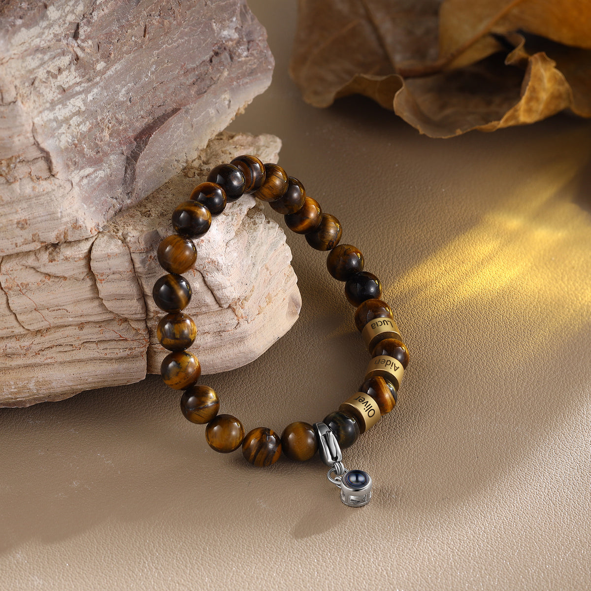 Tiger Eye Bracelet with Photo Projection Charm