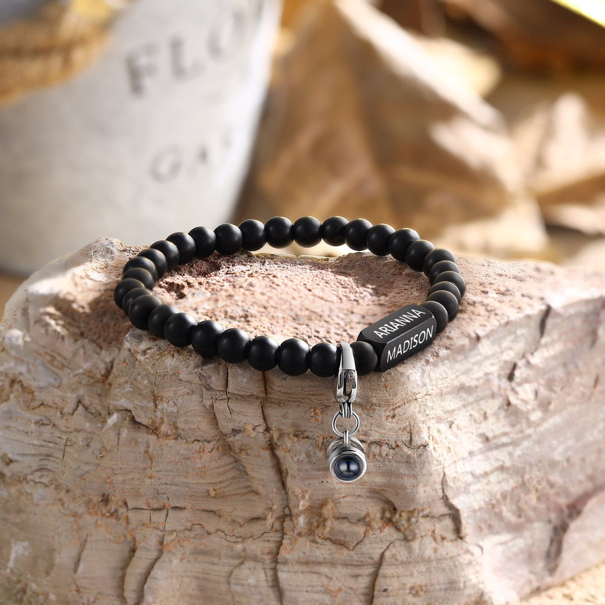 Black Bead Name Bracelet with Photo Projection Charm