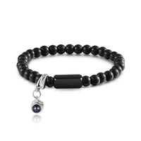 Black Bead Name Bracelet with Photo Projection Charm