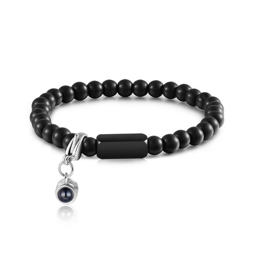 Black Bead Name Bracelet with Photo Projection Charm