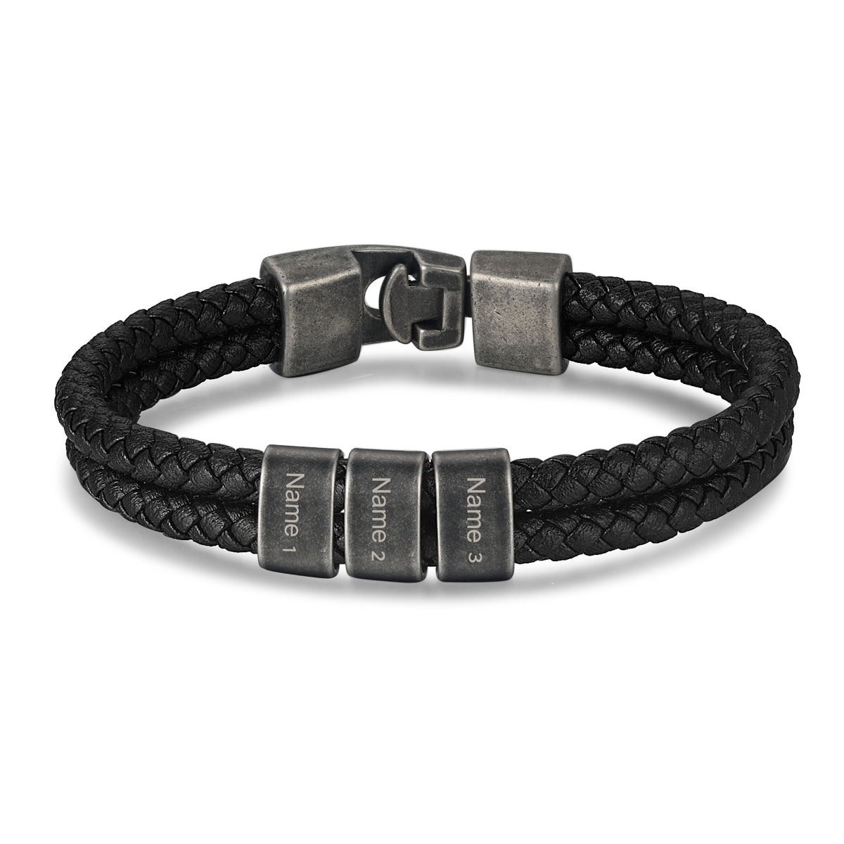 Men's Leather Name Bead Bracelet with Chain Length Choice