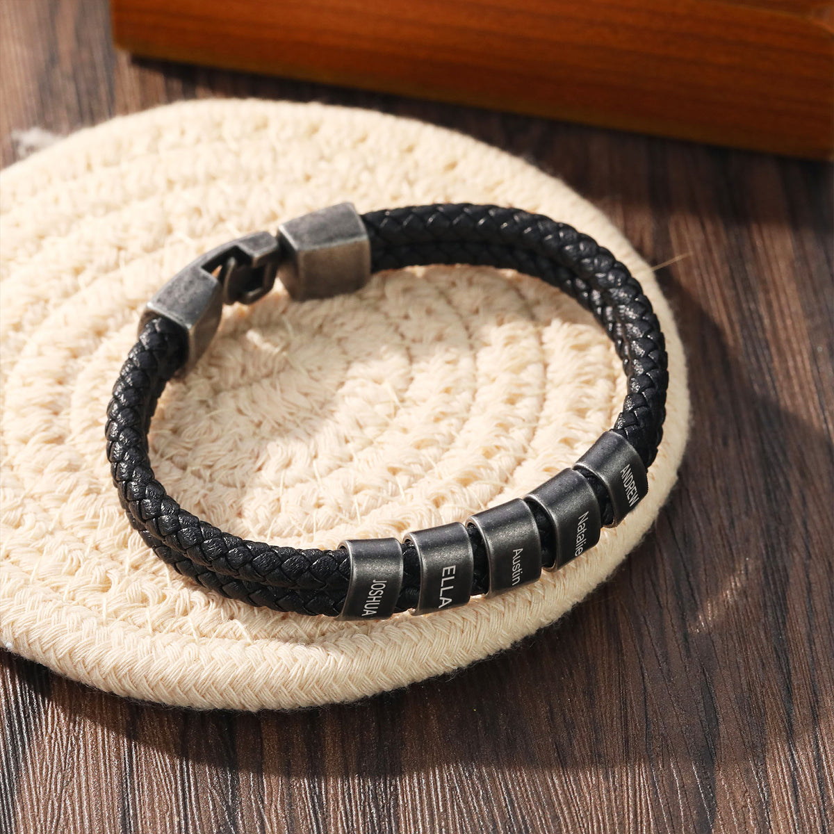 Men's Leather Name Bead Bracelet with Chain Length Choice
