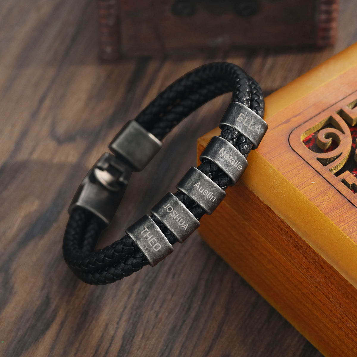 Men's Leather Name Bead Bracelet with Chain Length Choice