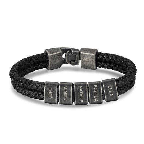 Men's Leather Name Bead Bracelet with Chain Length Choice