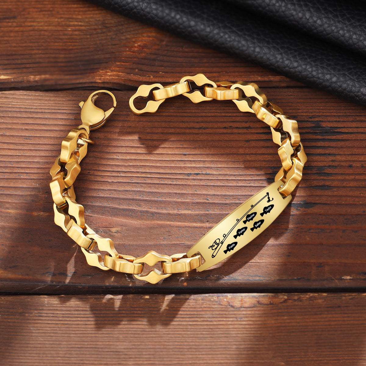 Men's Gold Fishing Family Name ID Bracelet