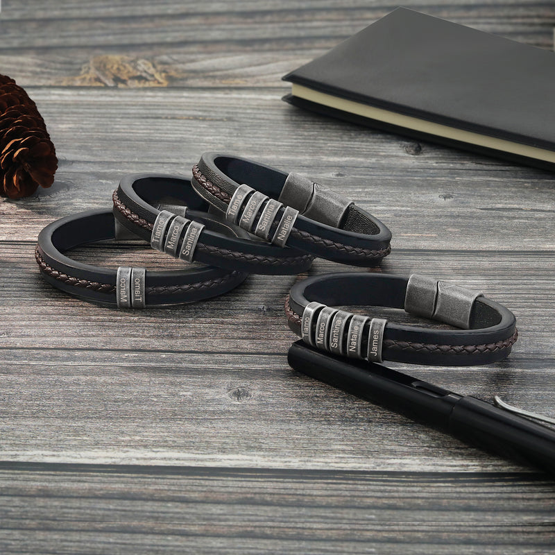 Men's Vintage Leather Name Bead Bracelet