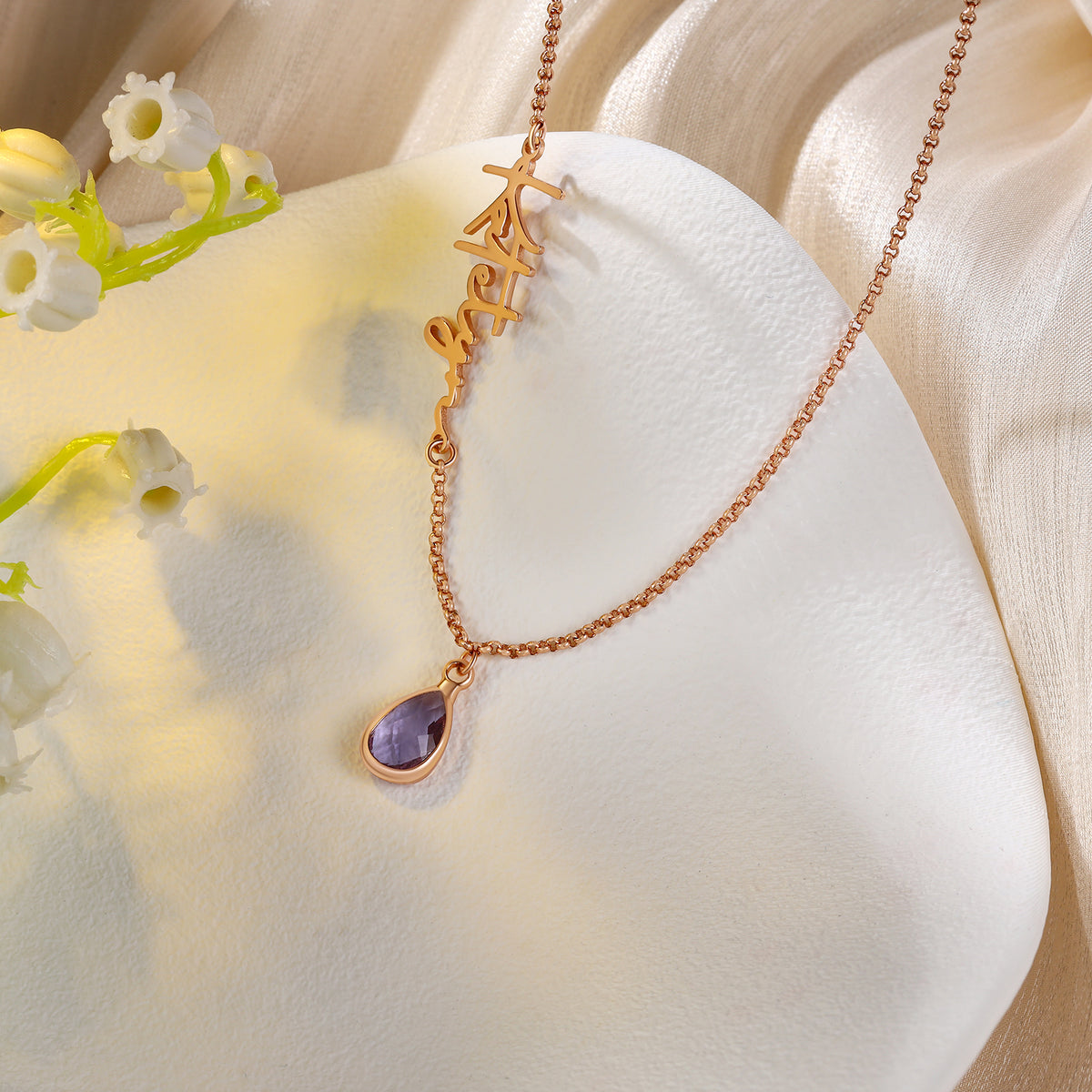 Vertical Name Necklace with Birthstone Drop