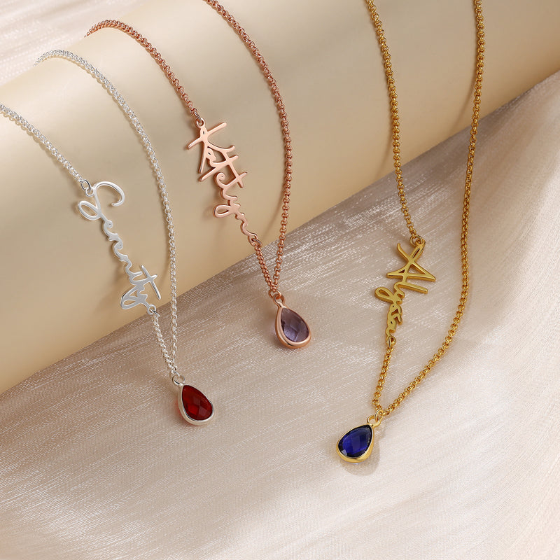 Vertical Name Necklace with Birthstone Drop