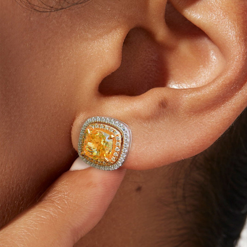 Yellow Cushion Halo Stud Earrings
