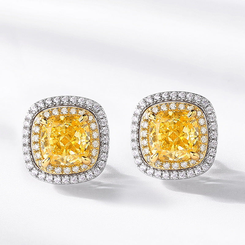 Yellow Cushion Halo Stud Earrings