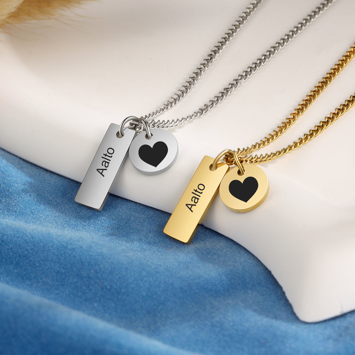 Personalized Name Bar and Heart Disc Necklace