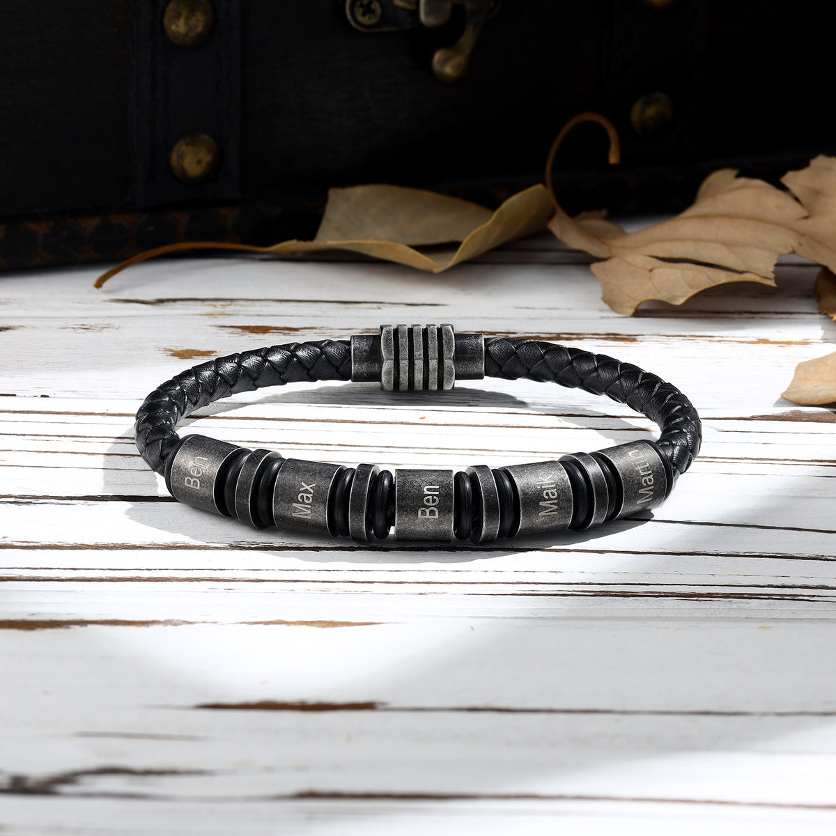Men's Vintage Braided Leather Name Bead Bracelet