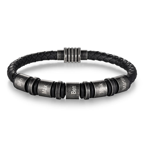 Men's Vintage Braided Leather Name Bead Bracelet