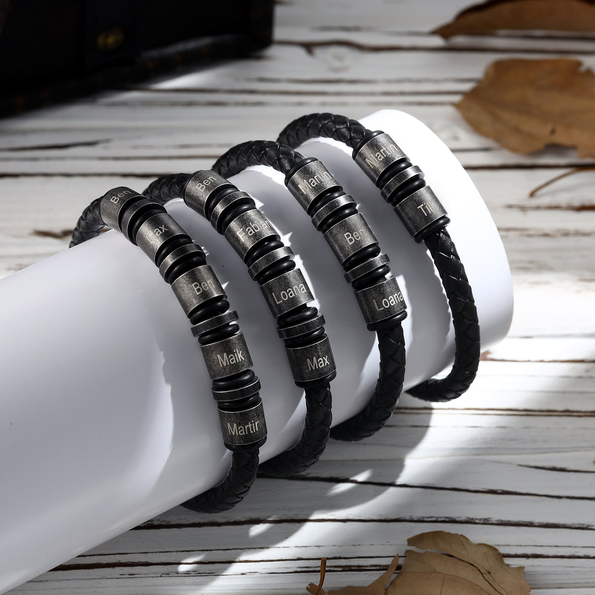 Men's Vintage Braided Leather Name Bead Bracelet