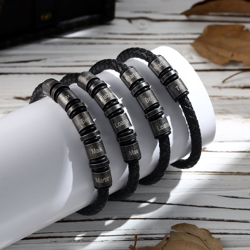 Men's Vintage Braided Leather Name Bead Bracelet