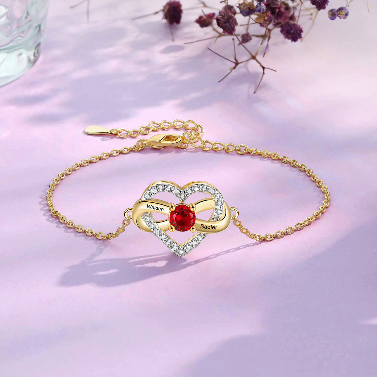 Gold Plated Heart Birthstone Name Bracelet