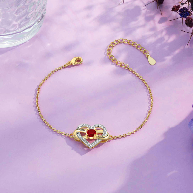 Gold Plated Heart Birthstone Name Bracelet