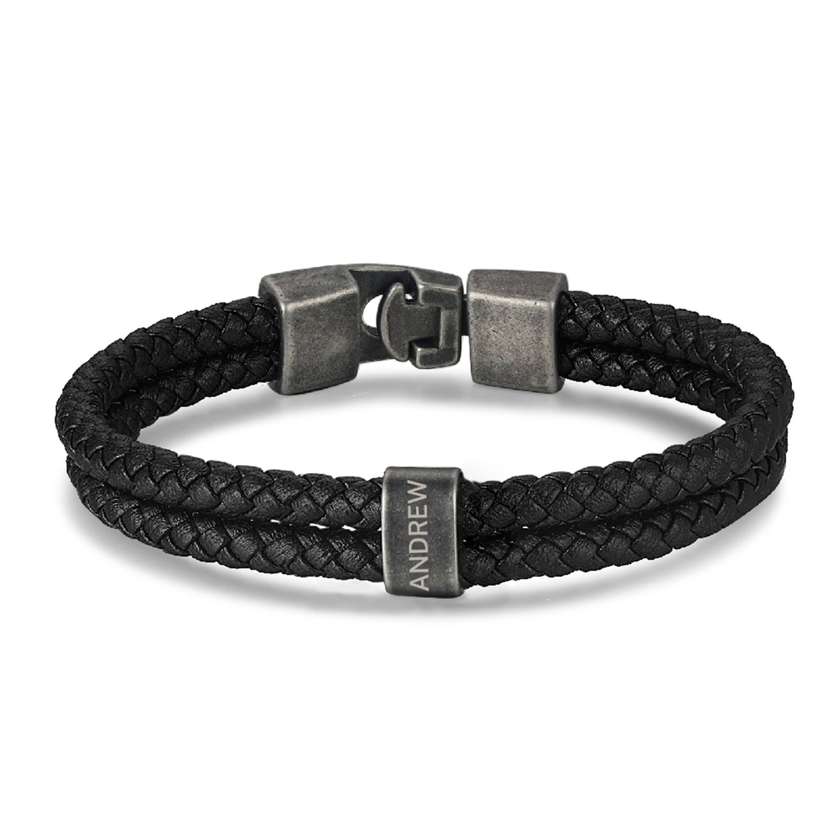 Men's Leather Name Bead Bracelet with Chain Length Choice