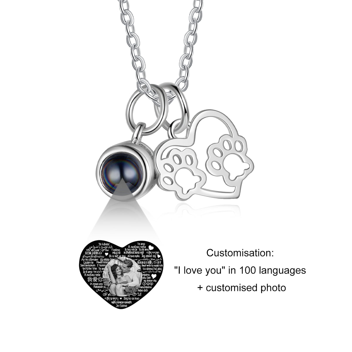 Paw Heart Photo Projection Necklace with Text