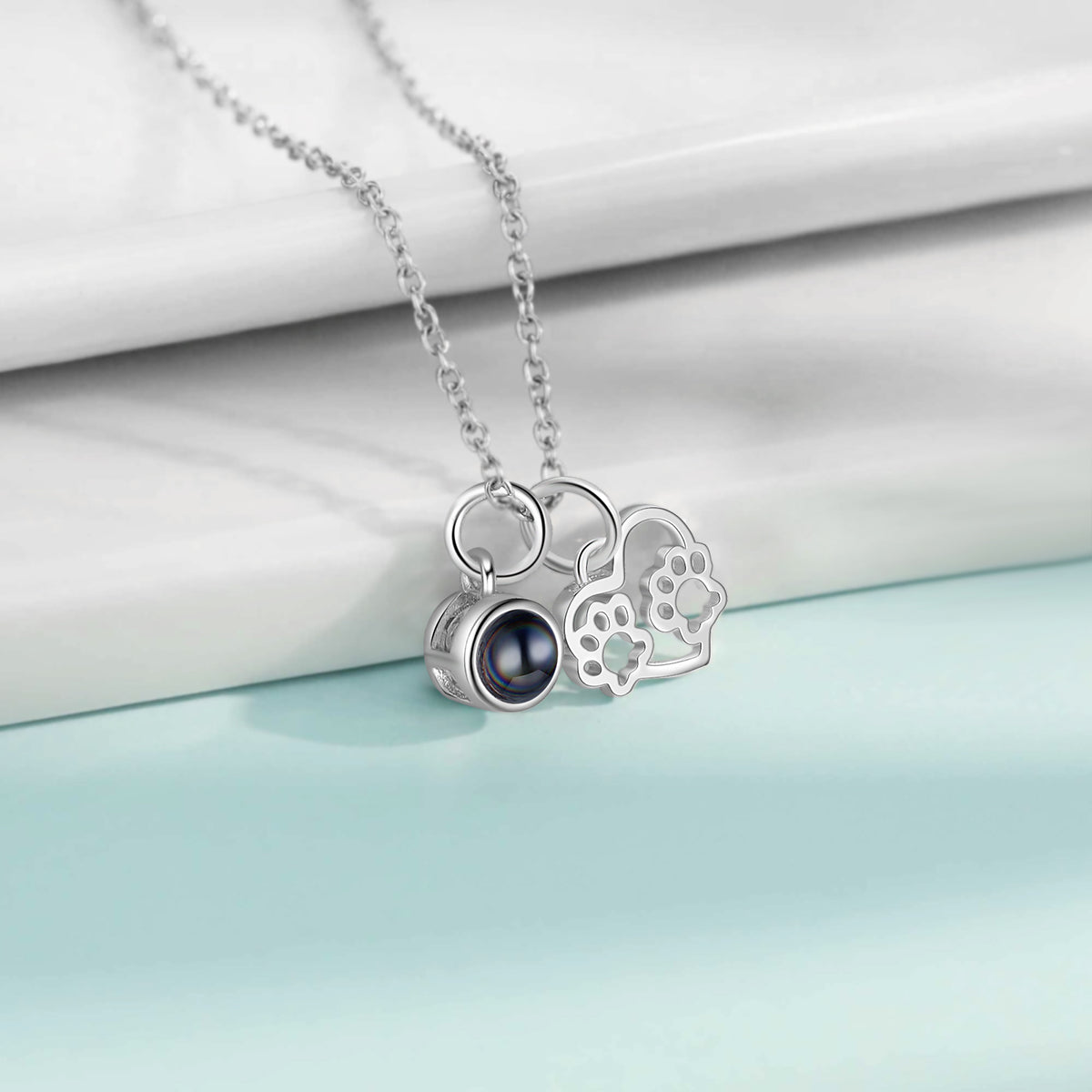Paw Heart Photo Projection Necklace with Text
