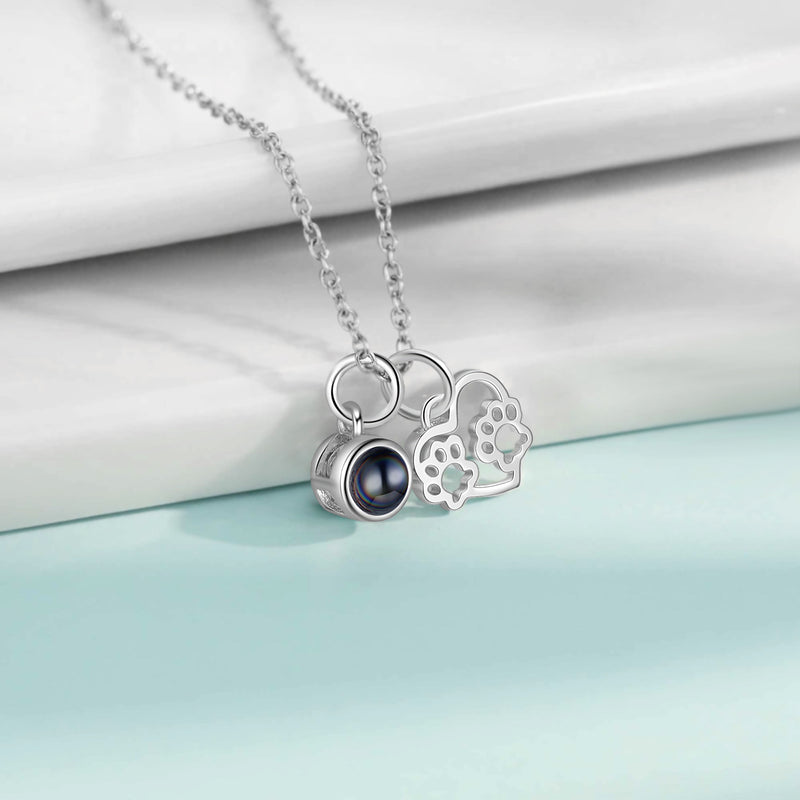 Paw Heart Photo Projection Necklace with Text