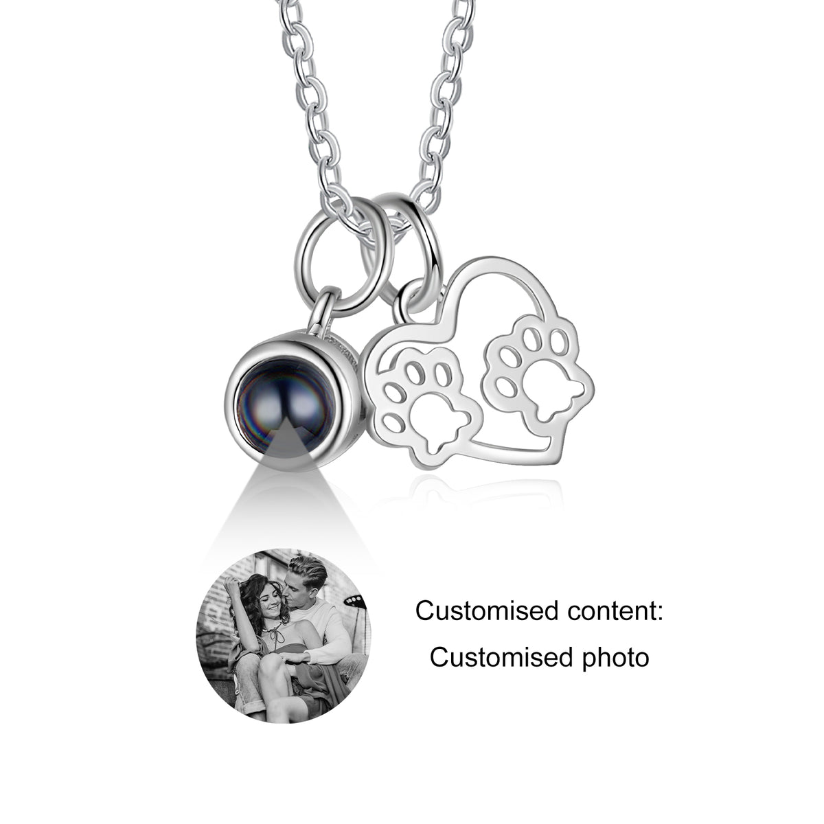 Paw Heart Photo Projection Necklace with Text