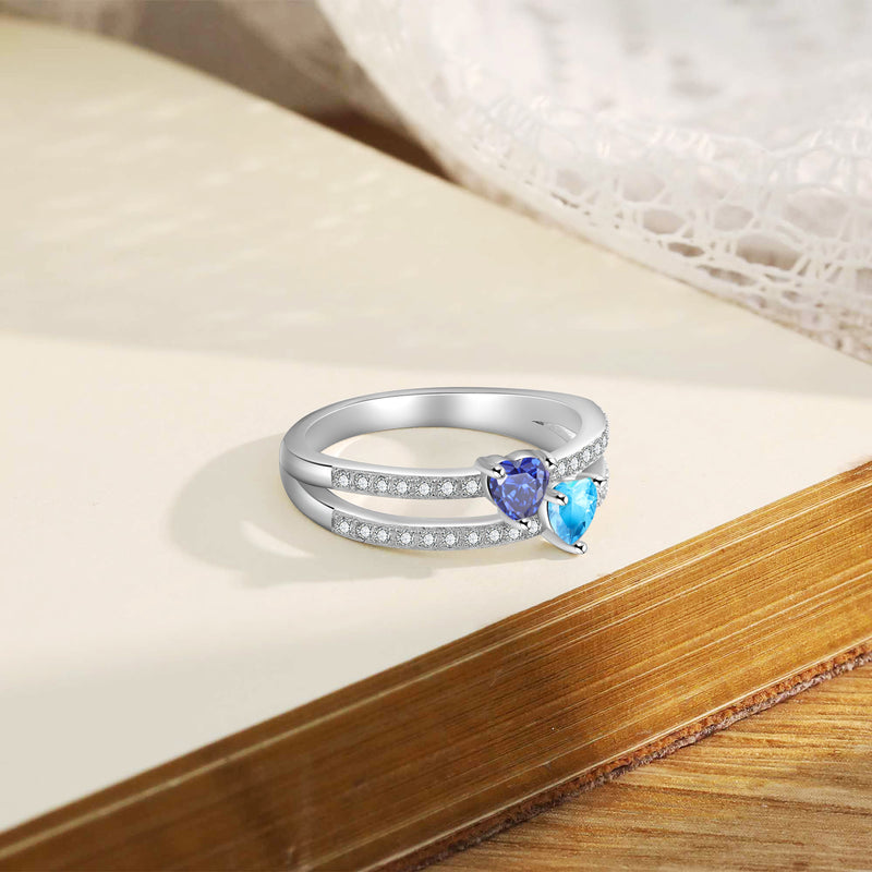 Personalized Double Heart Birthstone Ring
