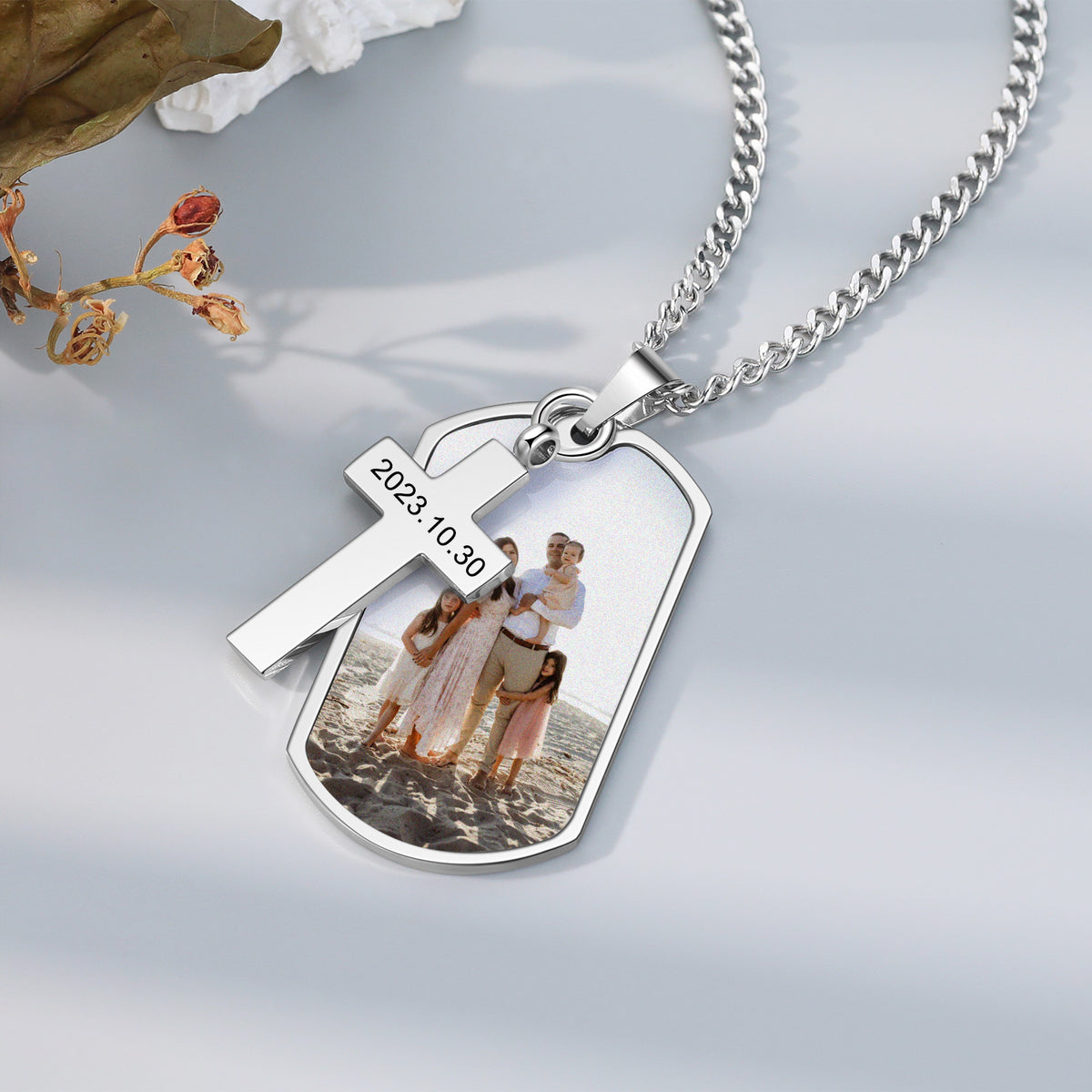 Men's Photo Dog Tag Cross Necklace