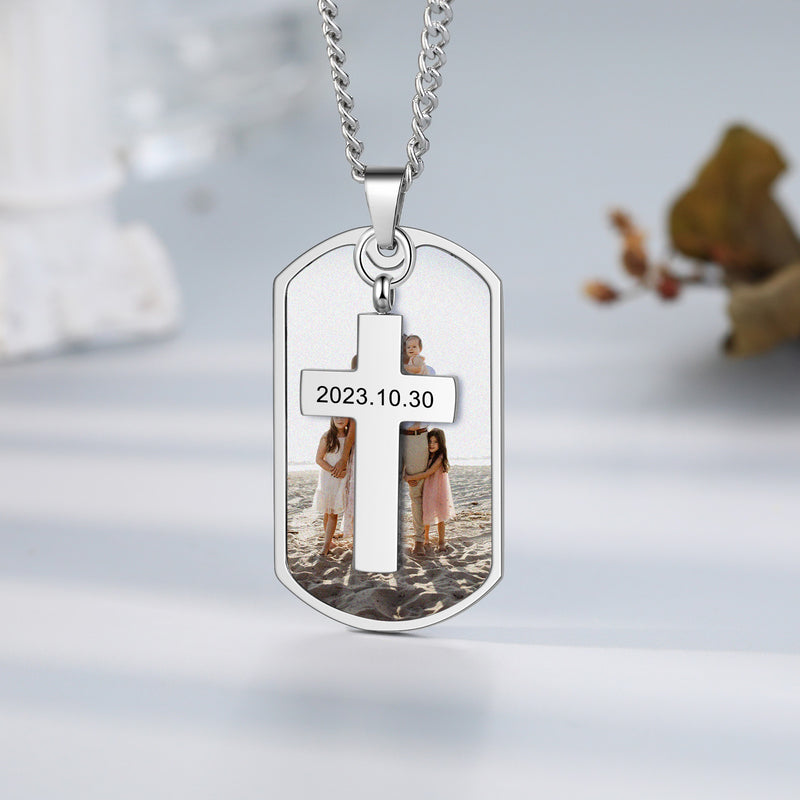 Men's Photo Dog Tag Cross Necklace