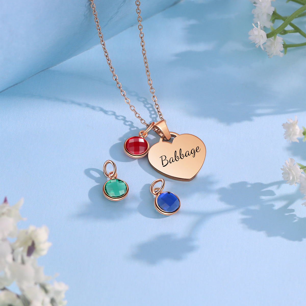 Personalized Heart Name Necklace with Birthstone Charms