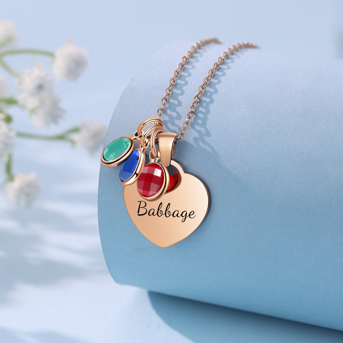 Personalized Heart Name Necklace with Birthstone Charms